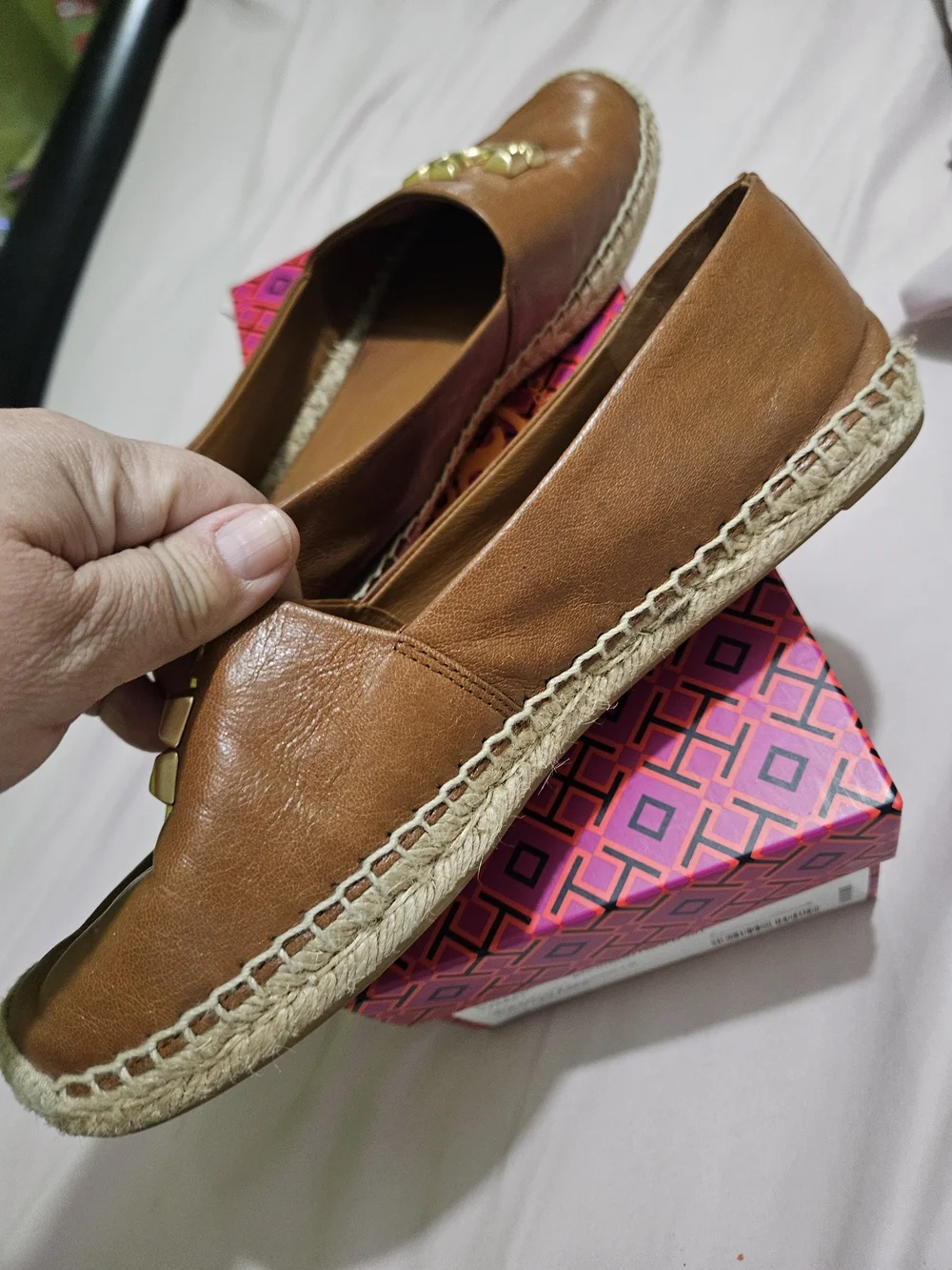 Tory Burch Brown Leather Espadrille Loafers with Gold Logo